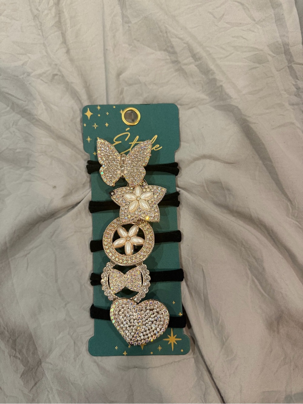 Sparkle Butterfly & Heart Hair Tie Set - Black Bands with Rhinestone Accents